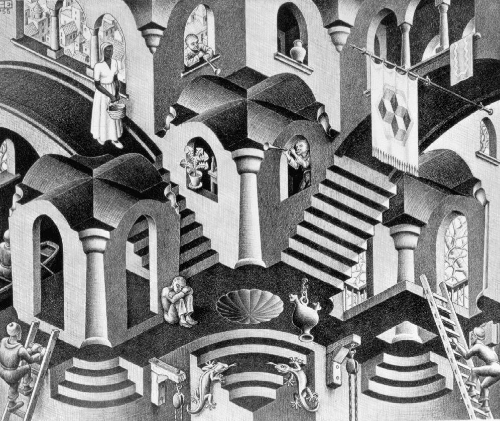 M. C. Escher. Matt Groening a jeho Simpsonovi využil odkazu na Eschera v díle Život v pekle. V Groeningově parodii Escherovy Relativity kreslení králíci padají dolů ze schodů v nereálných úhlech. Tento gag Groening znovu použil v „gaučovém úvodu“ seriálu Simpsonovi i v seriálu Futurama v epizodě I, Roommate.